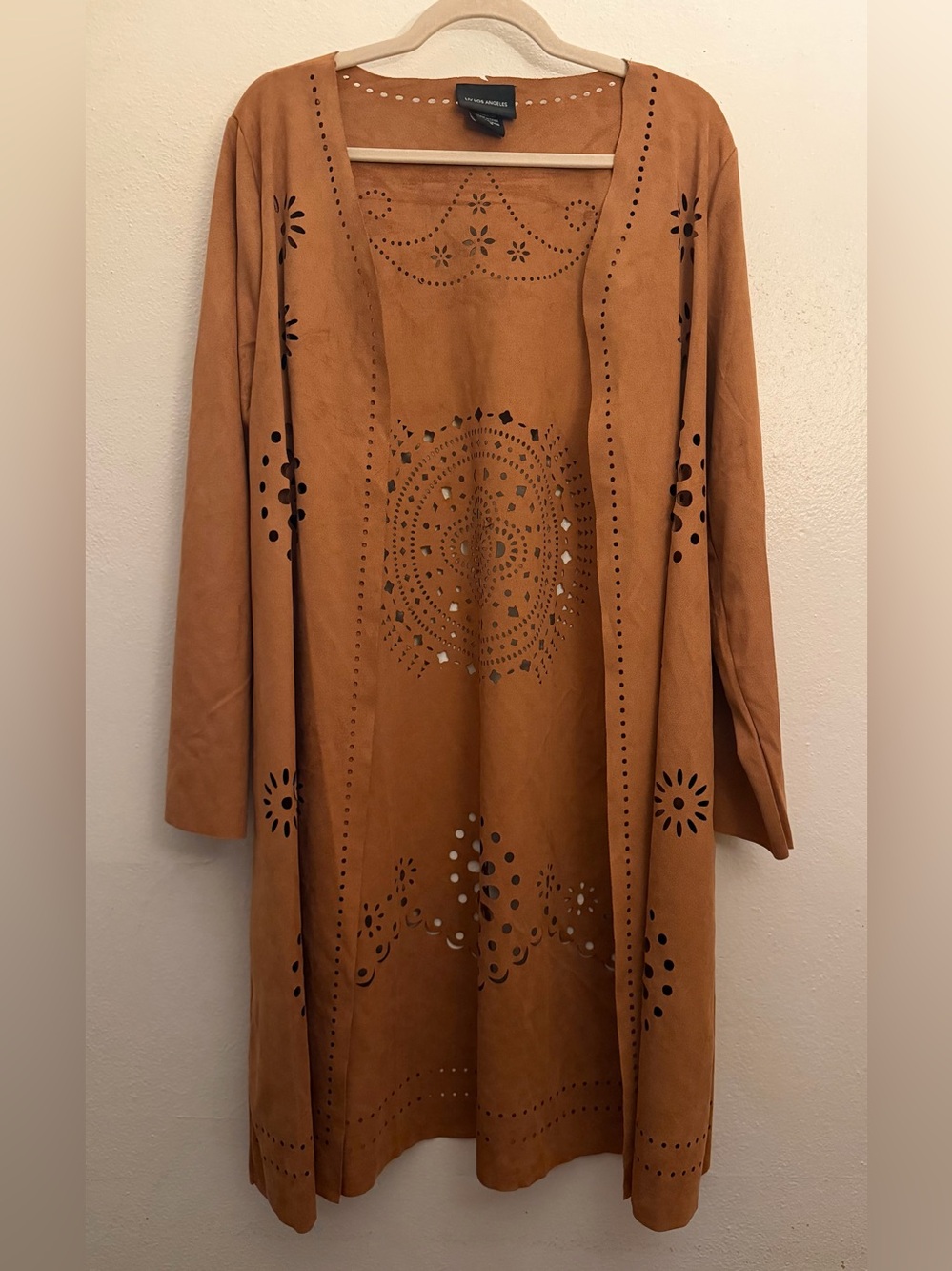 Liv Los Angeles Vegan Suede Laser Cut Brown Duster Cardigan Jacket 
Size M